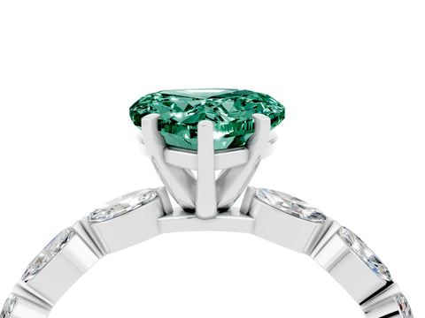 White gold Heart Cut Green Sapphire Ring with Marquise Side Stones and Prong Setting_4
