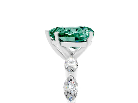 White gold Heart Cut Green Sapphire Ring with Marquise Side Stones and Prong Setting_5