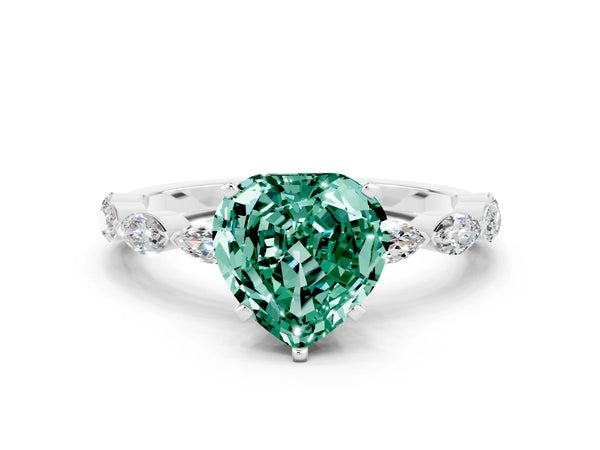 White gold Heart Cut Green Sapphire Ring with Marquise Side Stones and Prong Setting