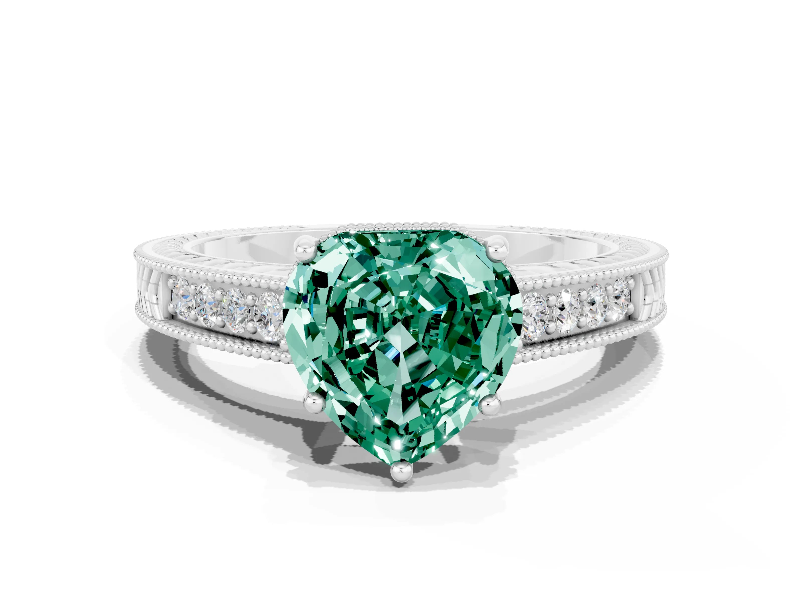 White gold Heart Cut Green Sapphire Ring with Milgrain Pavé Band and Four-Prong Setting_12