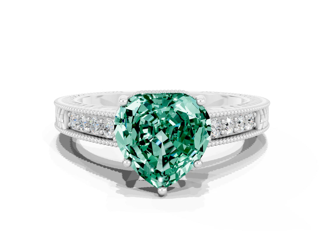 White gold Heart Cut Green Sapphire Ring with Milgrain Pavé Band and Four-Prong Setting_12