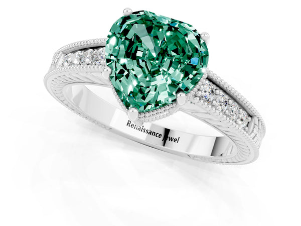 Platinum Heart Cut Green Sapphire Ring with Milgrain Pavé Band and Four-Prong Setting