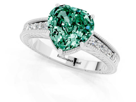 White gold Heart Cut Green Sapphire Ring with Milgrain Pavé Band and Four-Prong Setting_13