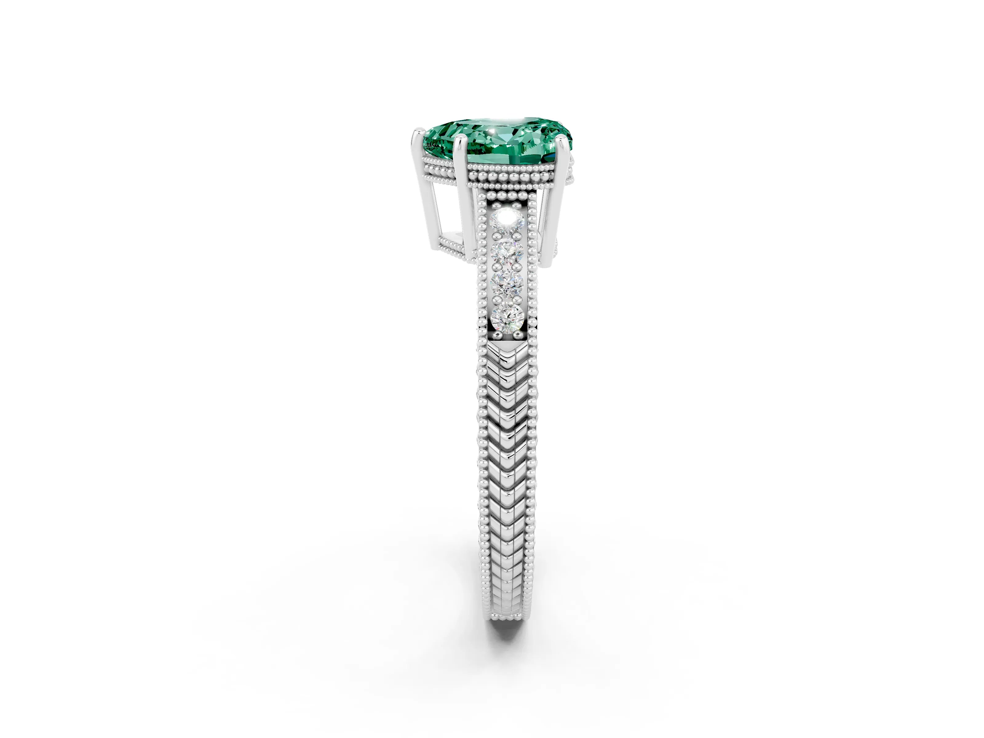 White gold Heart Cut Green Sapphire Ring with Milgrain Pavé Band and Four-Prong Setting_14