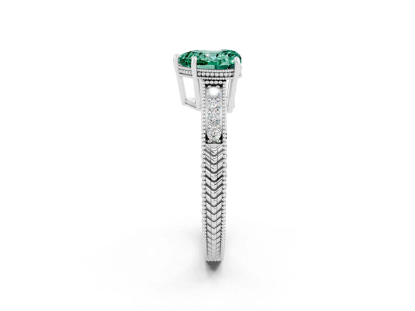 Platinum Heart Cut Green Sapphire Ring with Milgrain Pavé Band and Four-Prong Setting