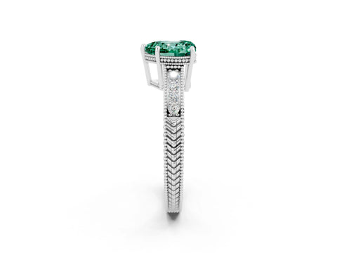 White gold Heart Cut Green Sapphire Ring with Milgrain Pavé Band and Four-Prong Setting_14