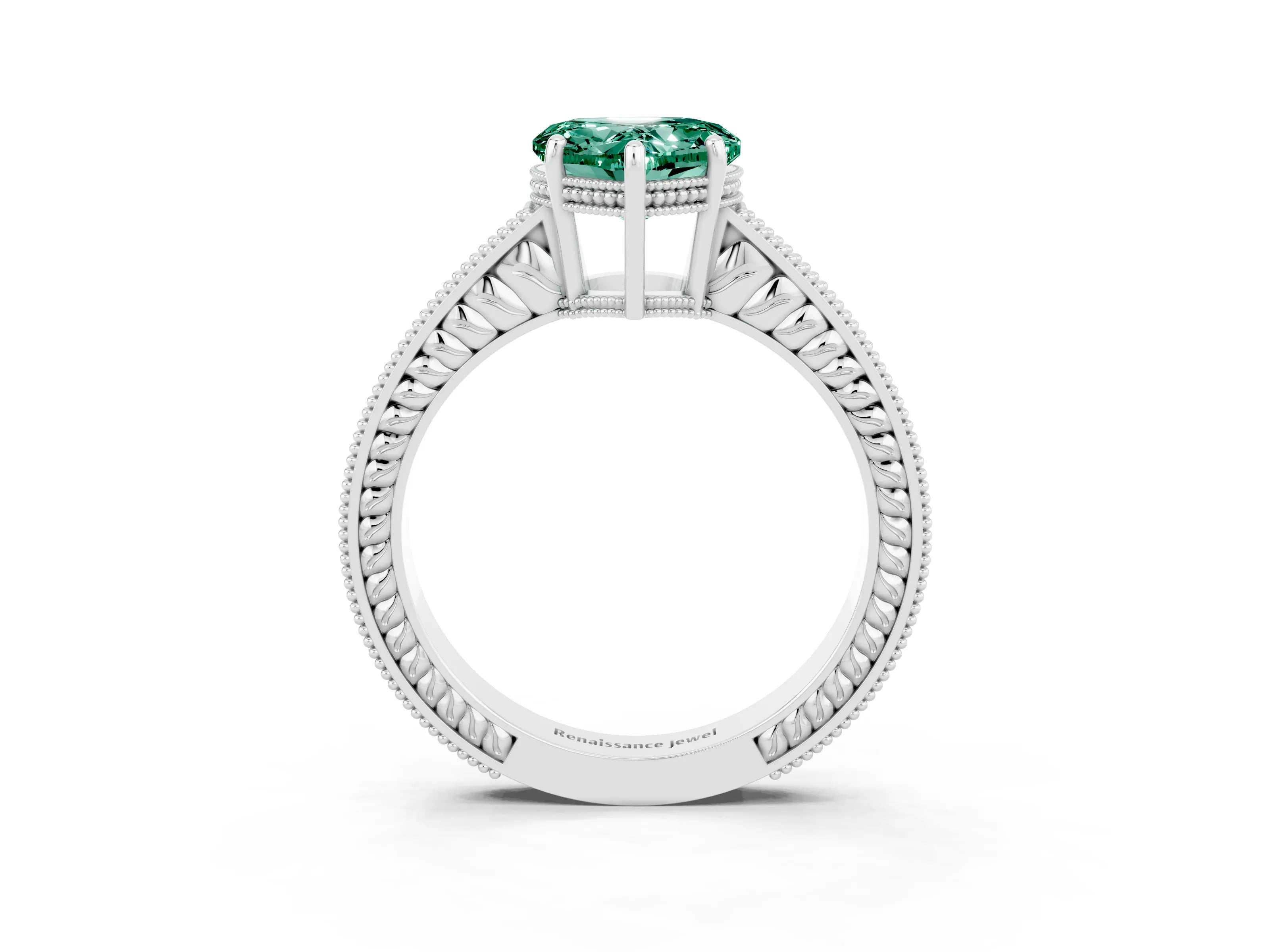 White gold Heart Cut Green Sapphire Ring with Milgrain Pavé Band and Four-Prong Setting_15
