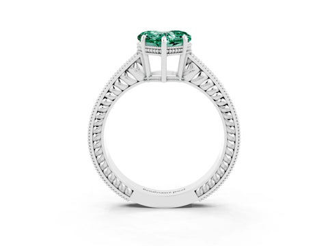White gold Heart Cut Green Sapphire Ring with Milgrain Pavé Band and Four-Prong Setting_15