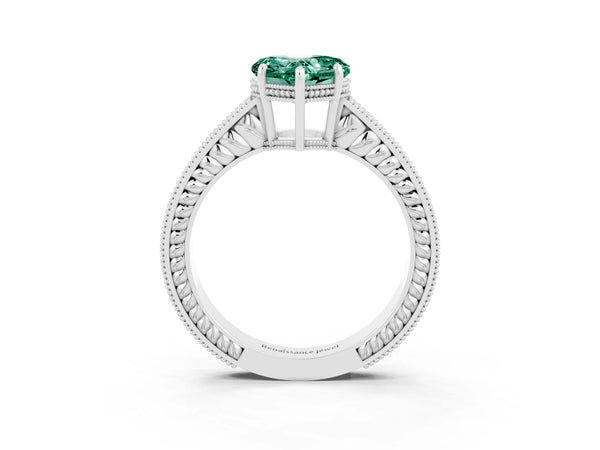 White gold Heart Cut Green Sapphire Ring with Milgrain Pavé Band and Four-Prong Setting
