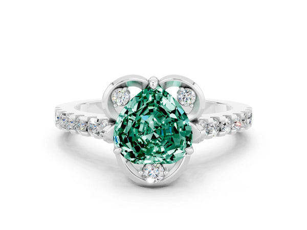 Platinum Heart Cut Green Sapphire Ring with Pavé Band and Floral Prong Setting