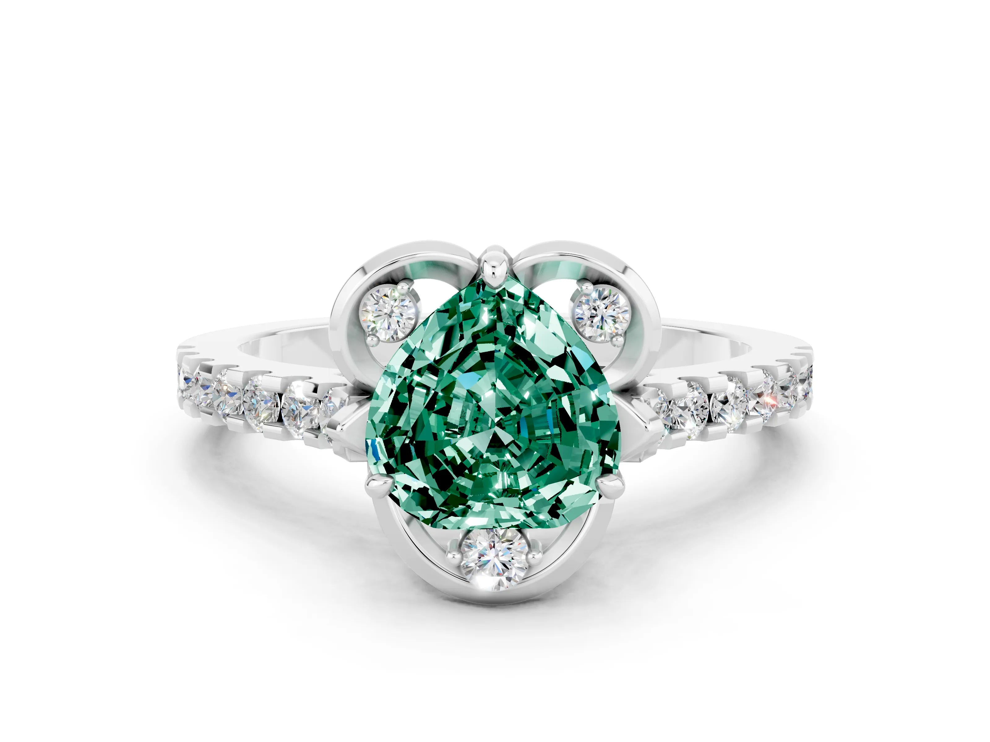 White gold Heart Cut Green Sapphire Ring with Pavé Band and Floral Prong Setting