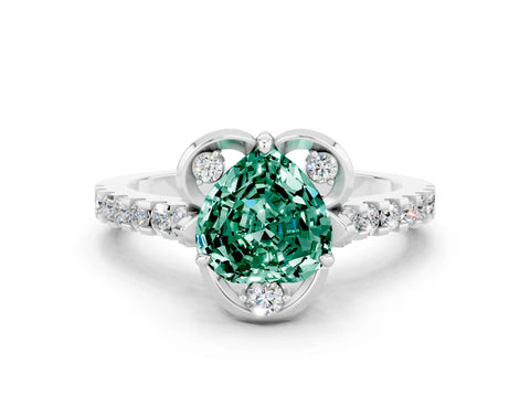 White gold Heart Cut Green Sapphire Ring with Pavé Band and Floral Prong Setting