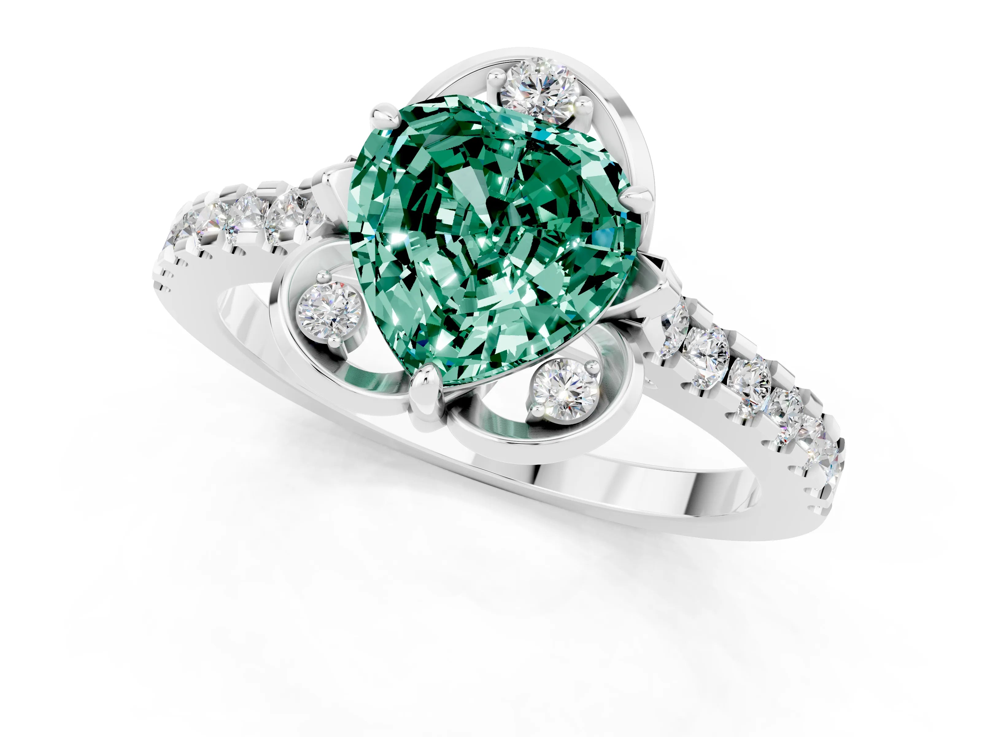White gold Heart Cut Green Sapphire Ring with Pavé Band and Floral Prong Setting_1