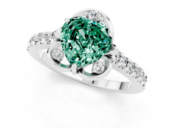White gold Heart Cut Green Sapphire Ring with Pavé Band and Floral Prong Setting