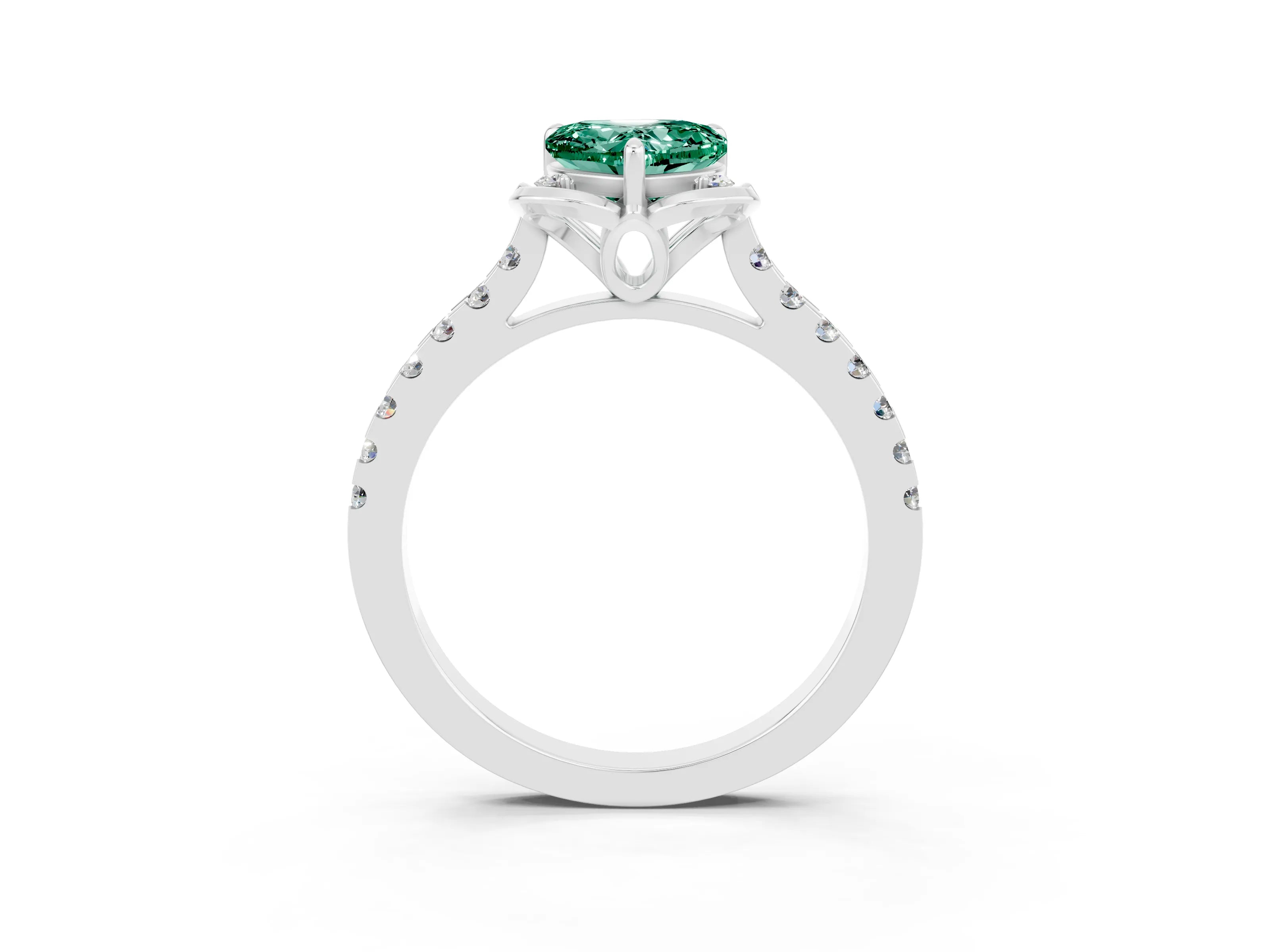 White gold Heart Cut Green Sapphire Ring with Pavé Band and Floral Prong Setting_3