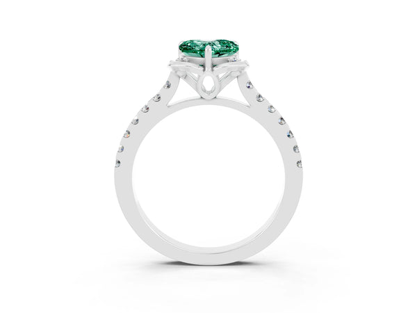 White gold Heart Cut Green Sapphire Ring with Pavé Band and Floral Prong Setting