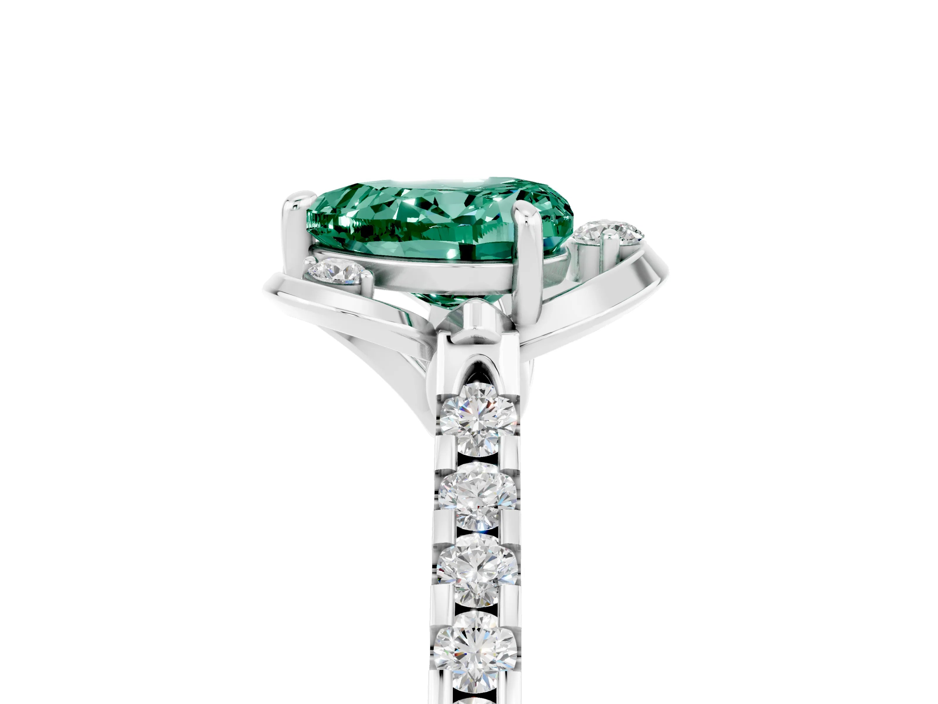 White gold Heart Cut Green Sapphire Ring with Pavé Band and Floral Prong Setting_5