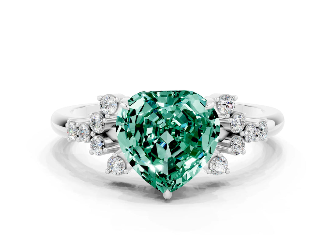 White gold Heart Cut Green Sapphire Ring with Side Stones and Four-Prong Setting_36