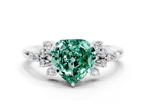 White gold Heart Cut Green Sapphire Ring with Side Stones and Four-Prong Setting_36