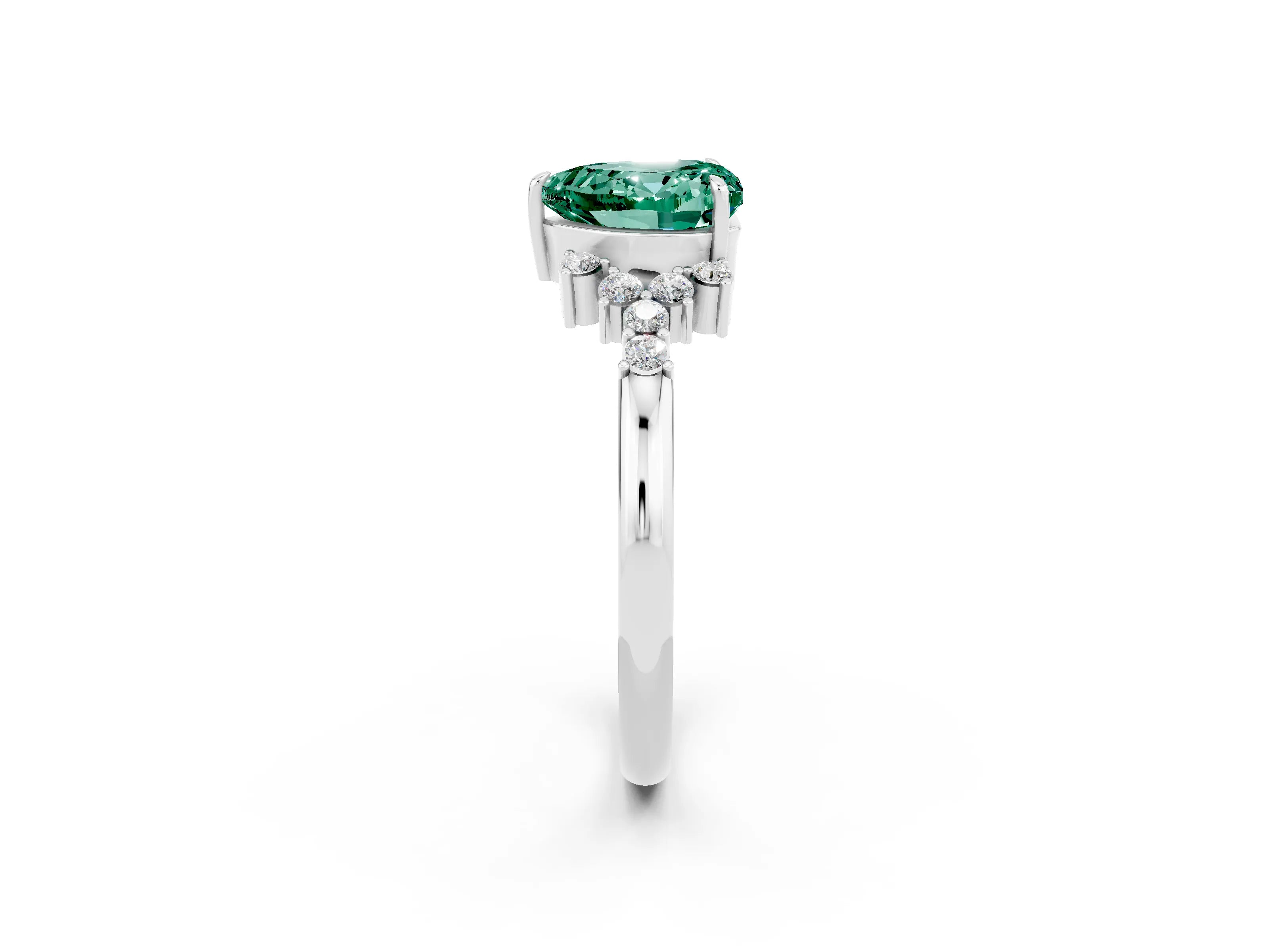 White gold Heart Cut Green Sapphire Ring with Side Stones and Four-Prong Setting_38