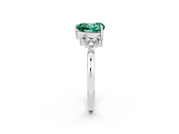 Silver Heart Cut Green Sapphire Ring with Side Stones and Four-Prong Setting