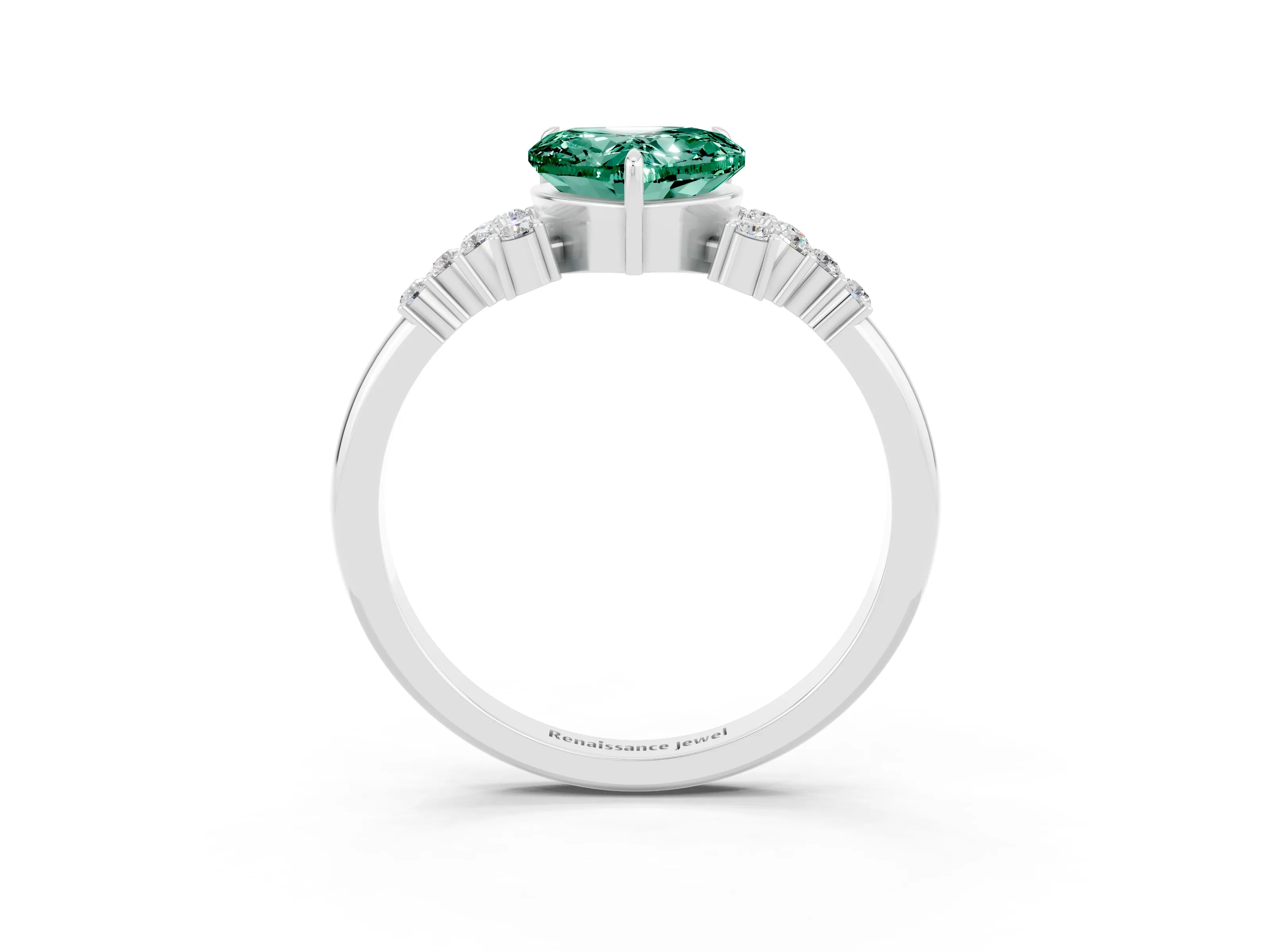 White gold Heart Cut Green Sapphire Ring with Side Stones and Four-Prong Setting_39