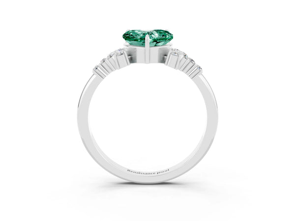 Silver Heart Cut Green Sapphire Ring with Side Stones and Four-Prong Setting