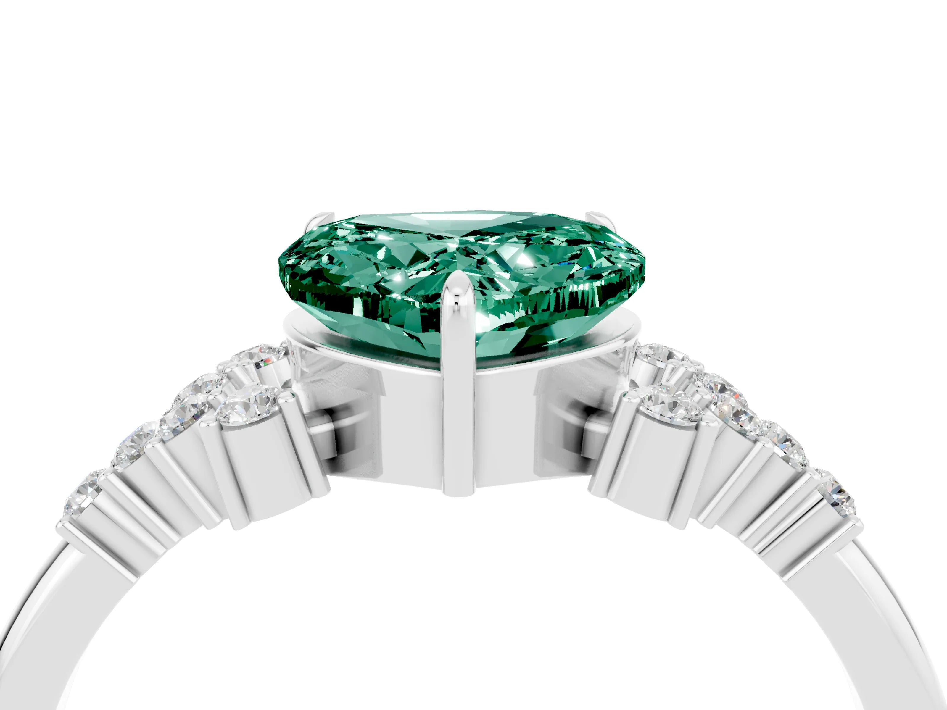 White gold Heart Cut Green Sapphire Ring with Side Stones and Four-Prong Setting_40