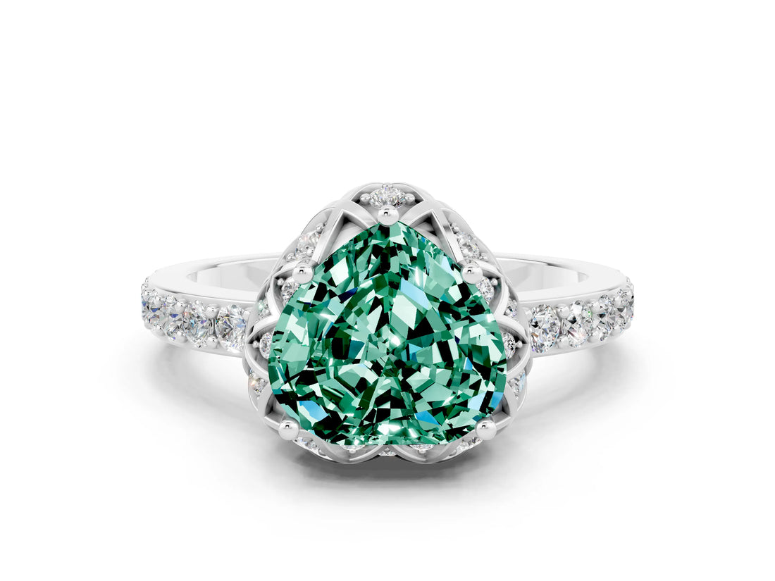 White gold Heart Cut Green Sapphire Scalloped Halo Engagement Ring with Round Shared Prong Band_24