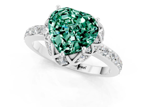 White gold Heart Cut Green Sapphire Scalloped Halo Engagement Ring with Round Shared Prong Band
