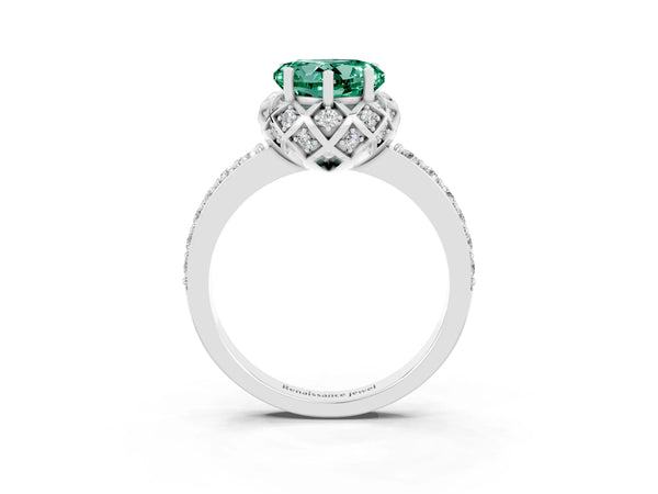 White gold Heart Cut Green Sapphire Scalloped Halo Engagement Ring with Round Shared Prong Band