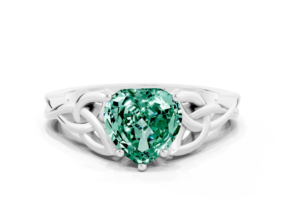 White gold Heart Cut Green Sapphire Solitaire Celtic Knot Ring with Four-Prong Setting_12