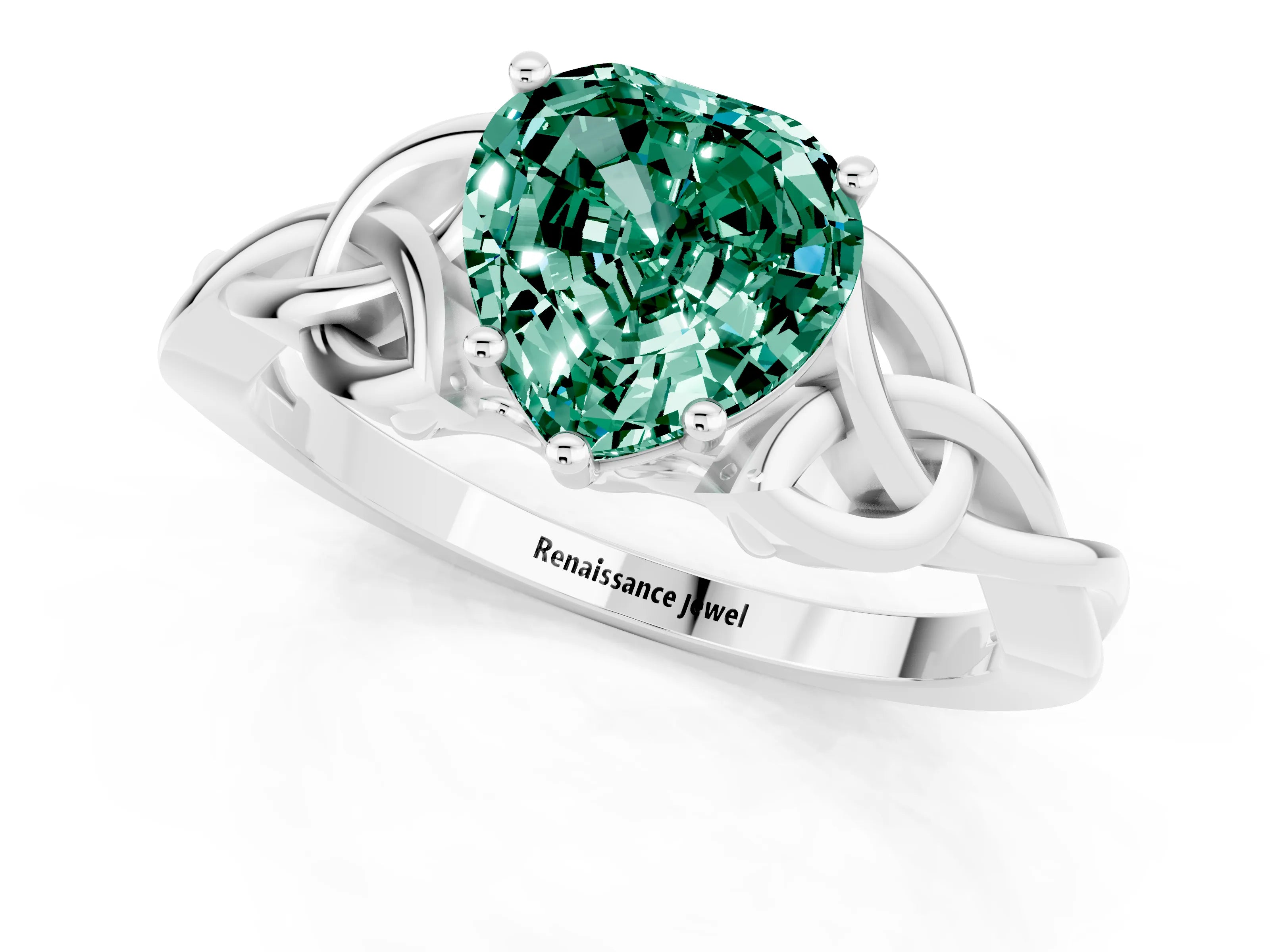 White gold Heart Cut Green Sapphire Solitaire Celtic Knot Ring with Four-Prong Setting_13