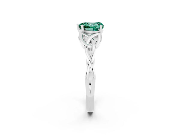 Silver Heart Cut Green Sapphire Solitaire Celtic Knot Ring with Four-Prong Setting