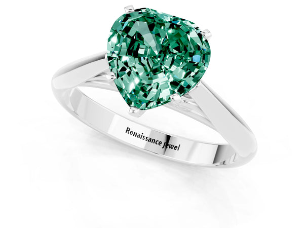 White gold Heart Cut Green Sapphire Solitaire Engagement Ring with Cathedral Setting and Four-Prong Mount