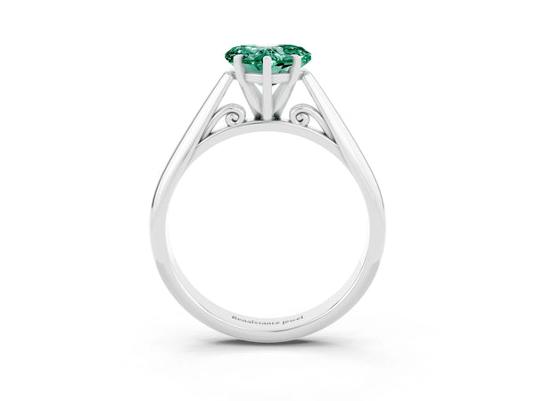 White gold Heart Cut Green Sapphire Solitaire Engagement Ring with Cathedral Setting and Four-Prong Mount