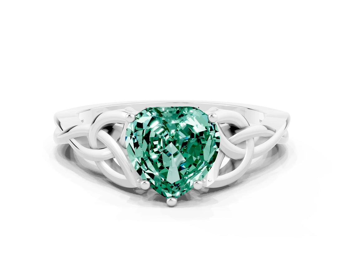 White gold Heart Cut Green Sapphire Solitaire Engagement Ring with Celtic Knot Band and Four-Prong Setting
