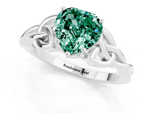 White gold Heart Cut Green Sapphire Solitaire Engagement Ring with Celtic Knot Band and Four-Prong Setting_1