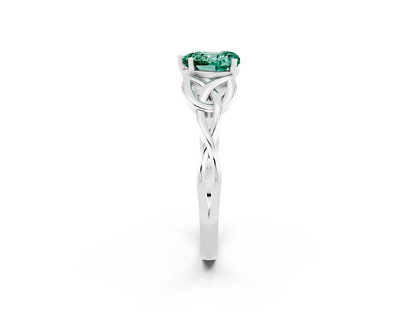 Silver Heart Cut Green Sapphire Solitaire Engagement Ring with Celtic Knot Band and Four-Prong Setting