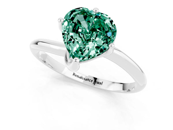 Silver Heart Cut Green Sapphire Solitaire Engagement Ring with Four-Prong Setting and Classic Band