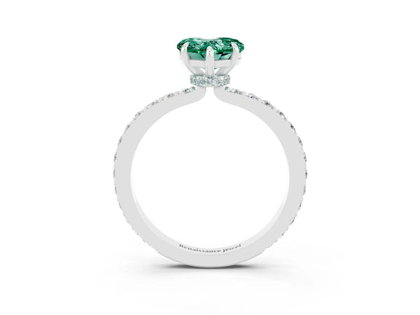 White gold Heart Cut Green Sapphire Solitaire Engagement Ring with Pavé Band and Four-Prong Setting