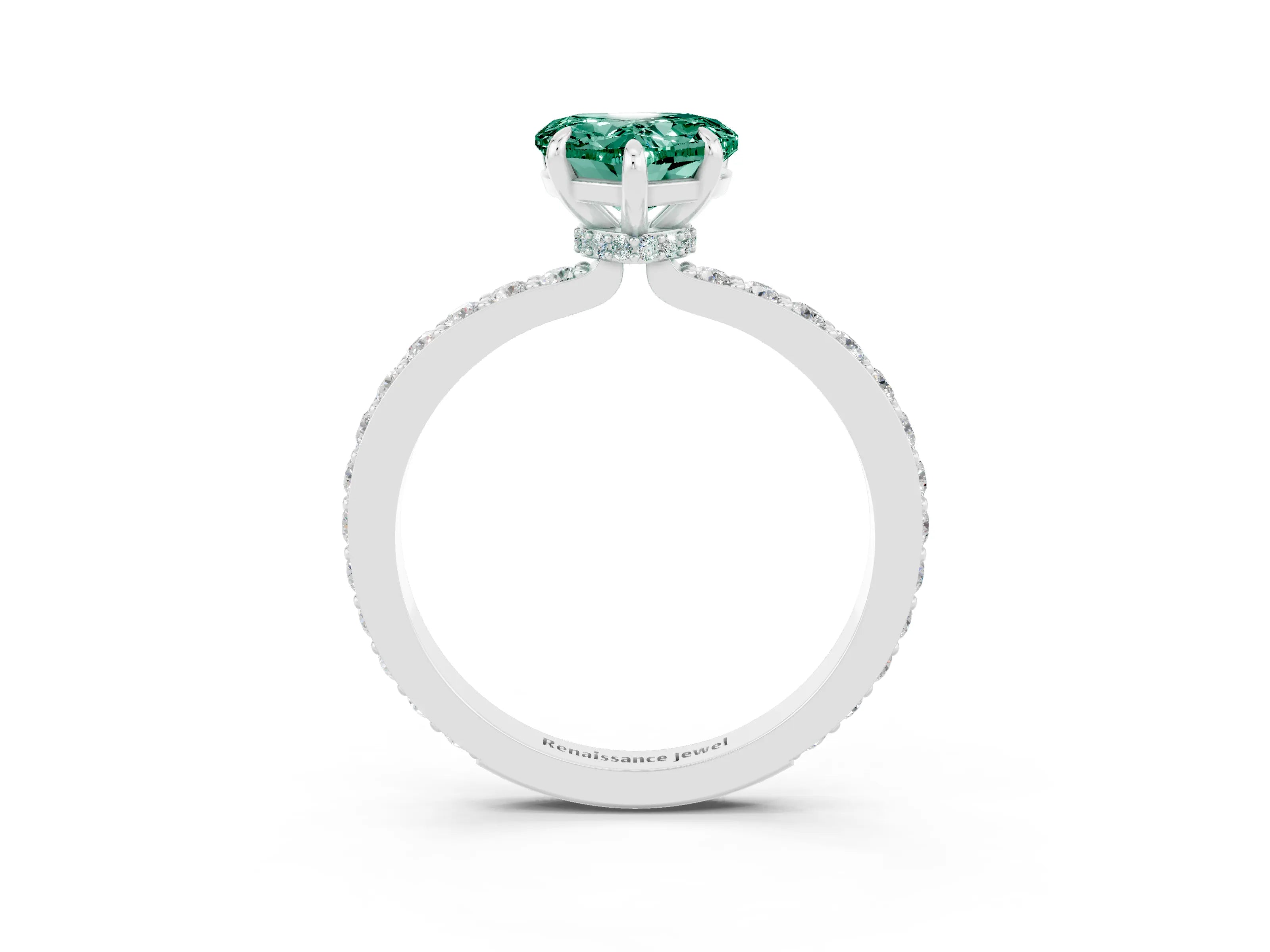 White gold Heart Cut Green Sapphire Solitaire Engagement Ring with Pavé Band and Four-Prong Setting_3
