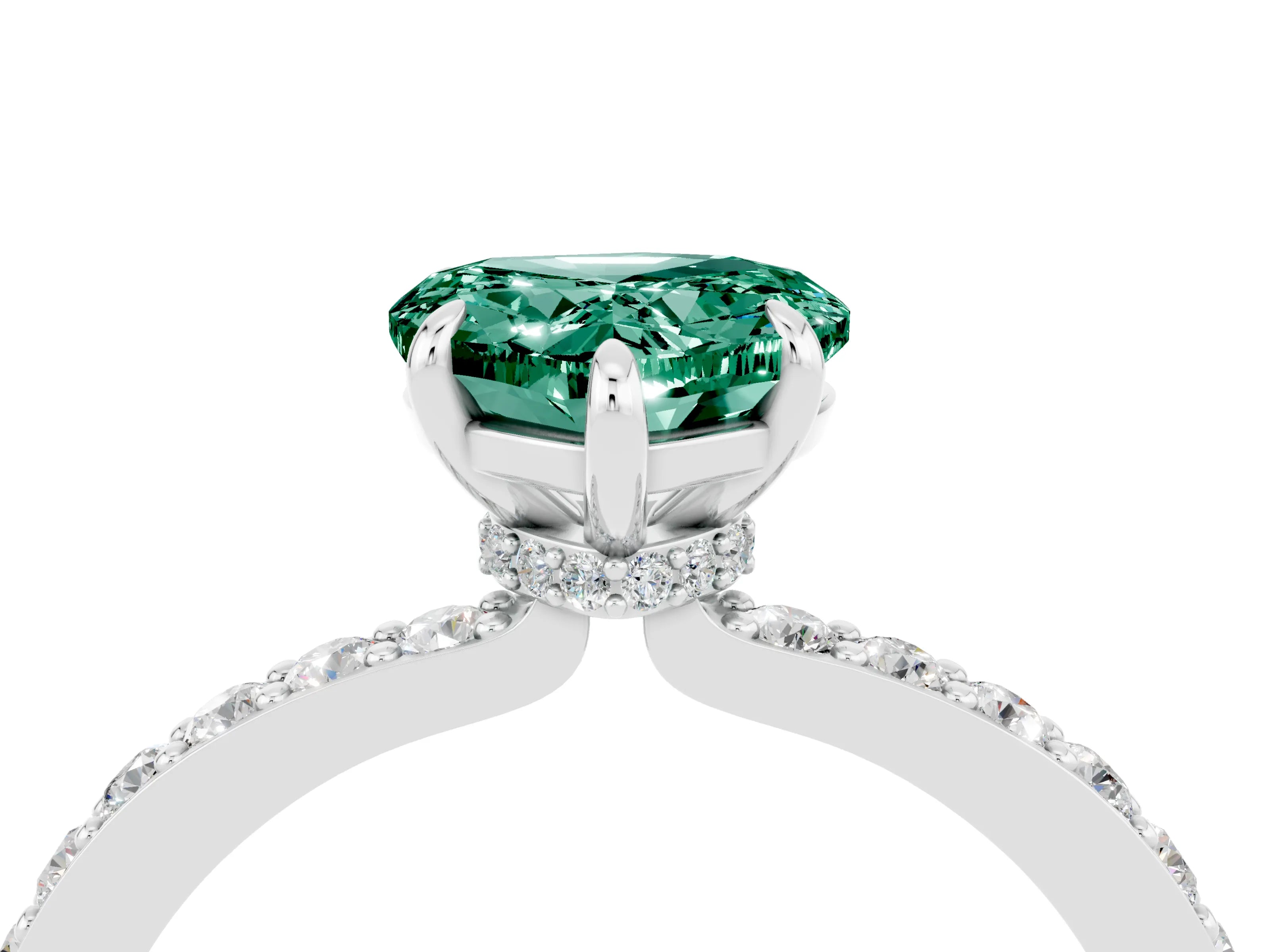 White gold Heart Cut Green Sapphire Solitaire Engagement Ring with Pavé Band and Four-Prong Setting_4