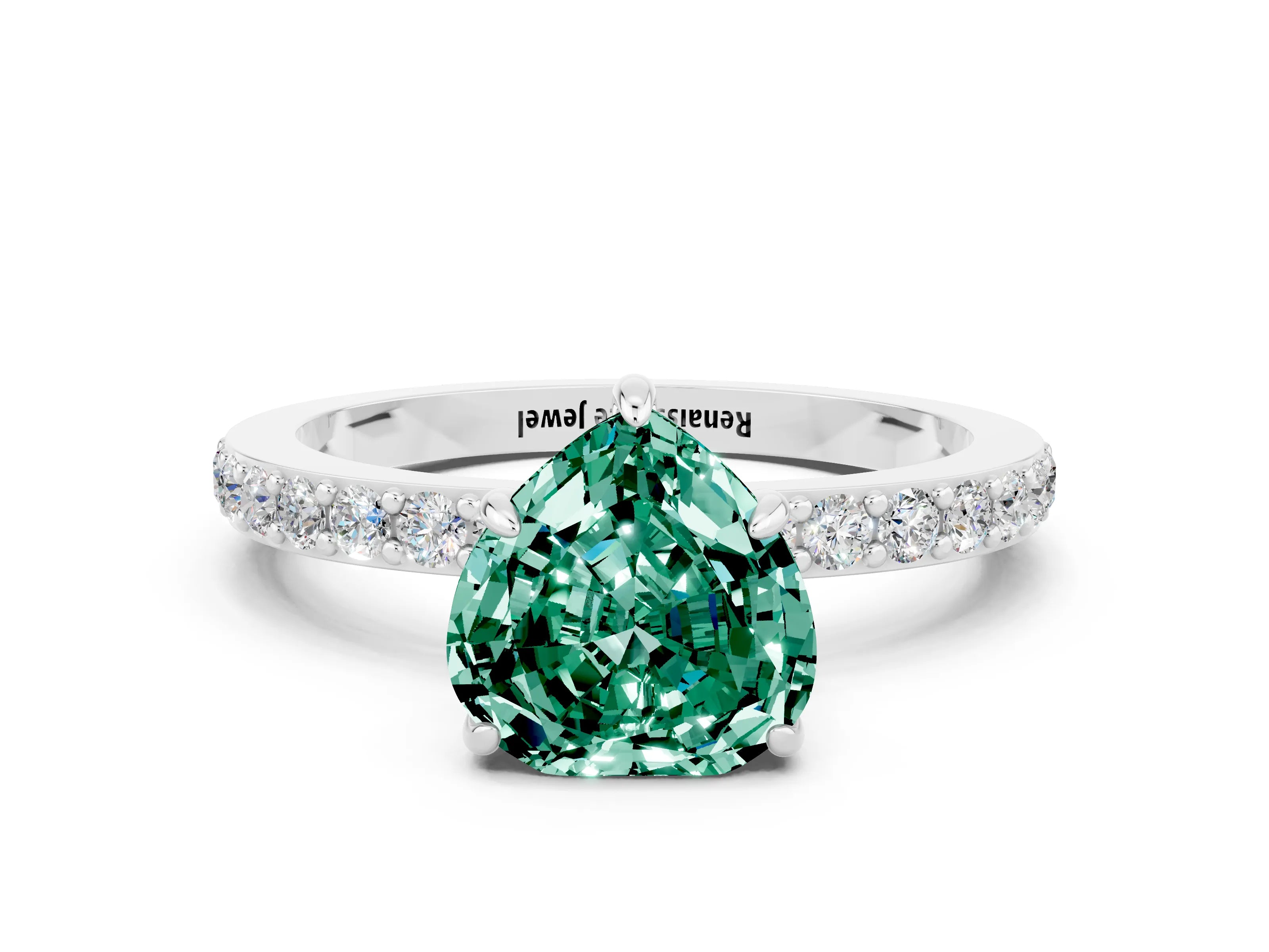 White gold Heart Cut Green Sapphire Solitaire Engagement Ring with Pavé Band and Four-Prong Setting