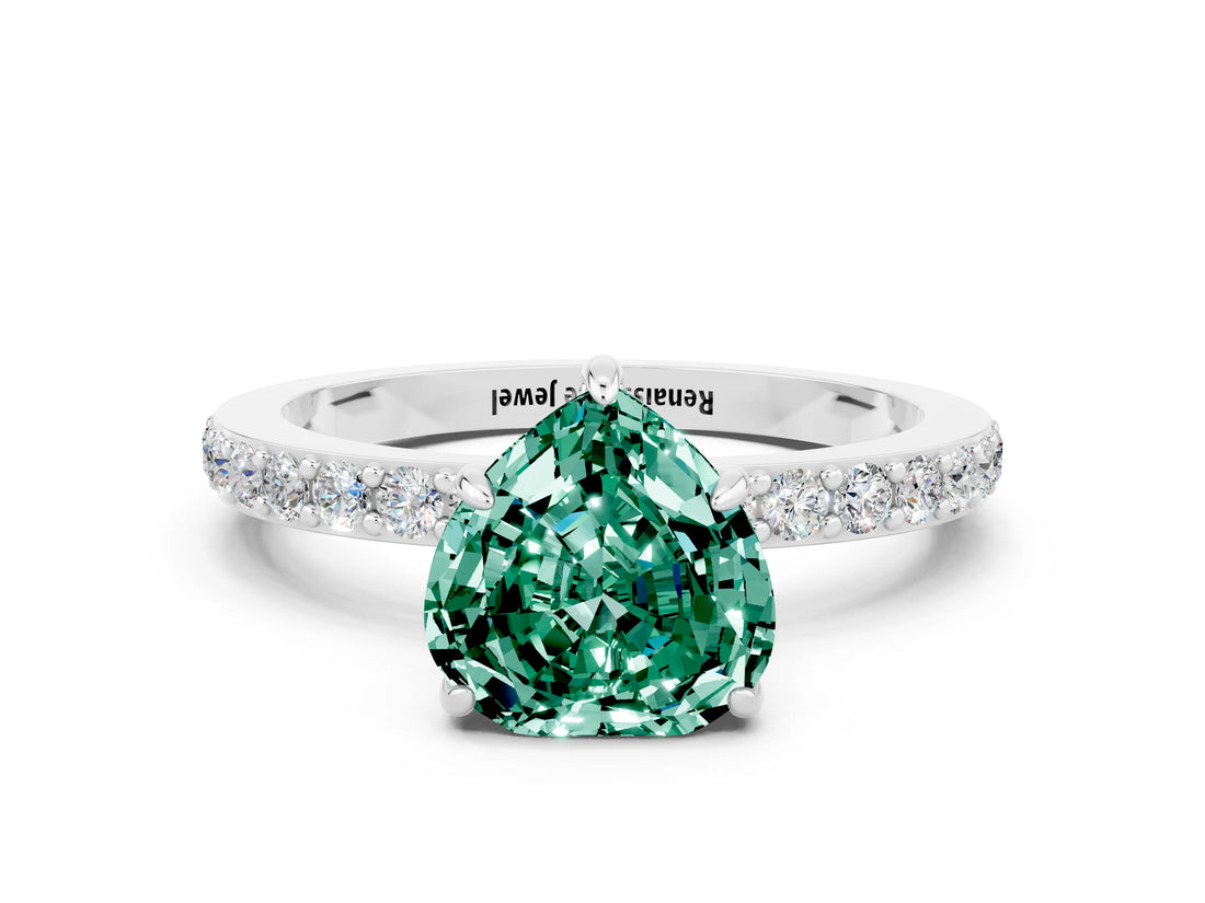White gold Heart Cut Green Sapphire Solitaire Engagement Ring with Pavé Band and Four-Prong Setting