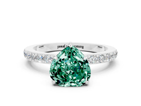 White gold Heart Cut Green Sapphire Solitaire Engagement Ring with Pavé Band and Four-Prong Setting