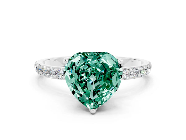 Platinum Heart Cut Green Sapphire Solitaire Engagement Ring with Round  Pavé Band and Prong Setting