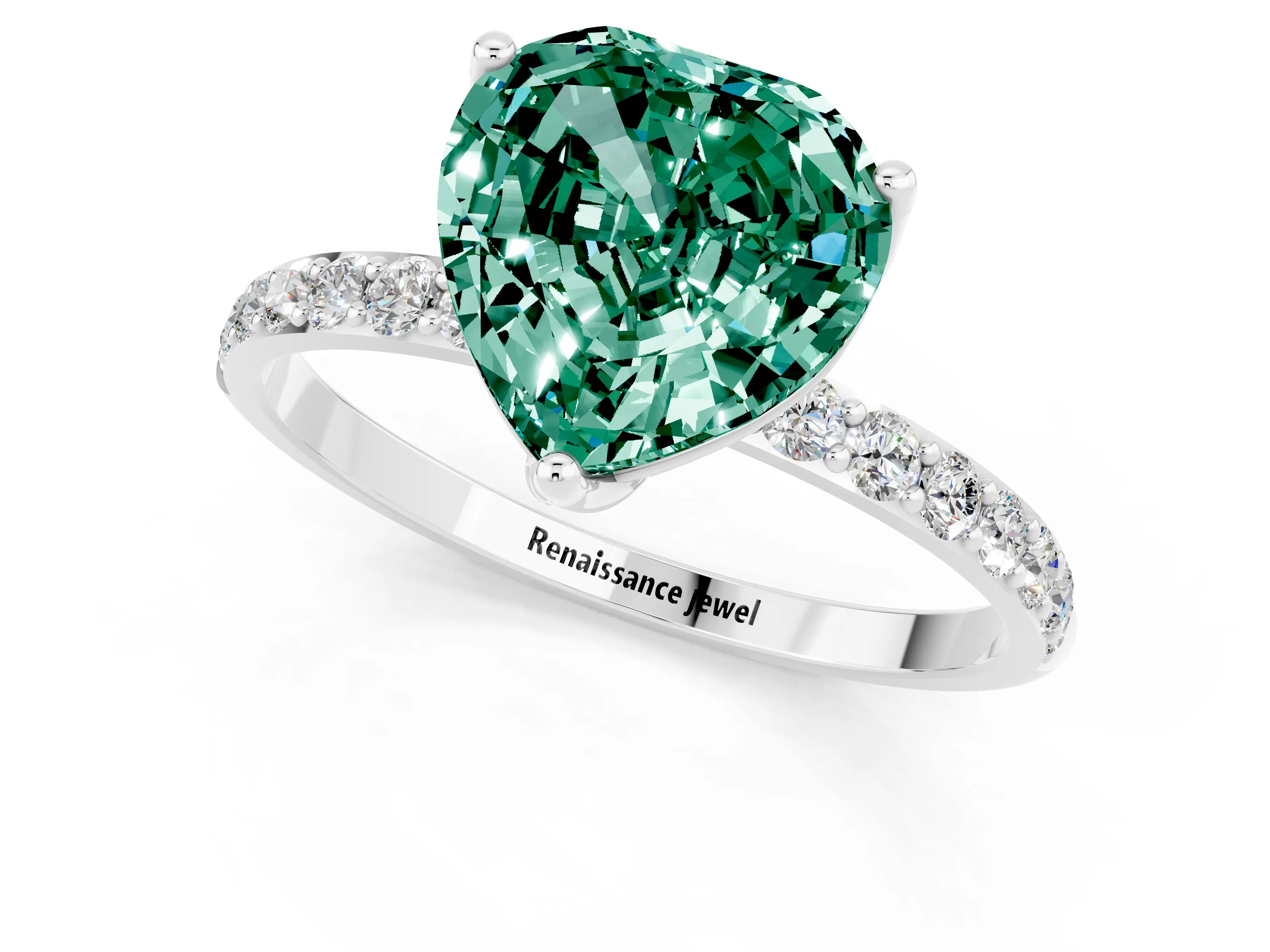 White gold Heart Cut Green Sapphire Solitaire Engagement Ring with Pavé Band and Prong Setting_1