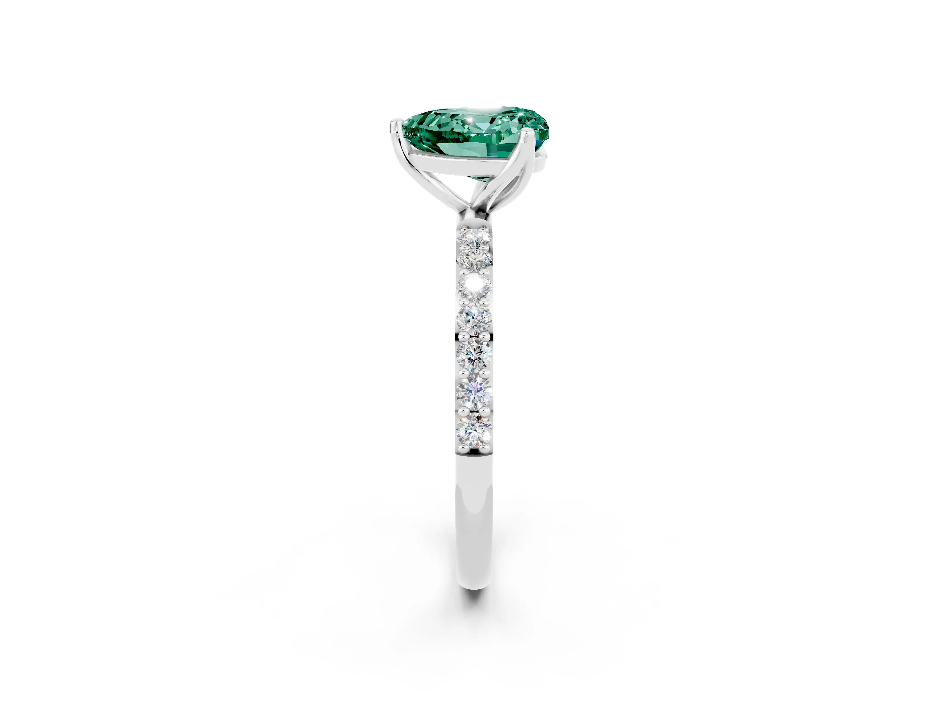 White gold Heart Cut Green Sapphire Solitaire Engagement Ring with Pavé Band and Prong Setting_2