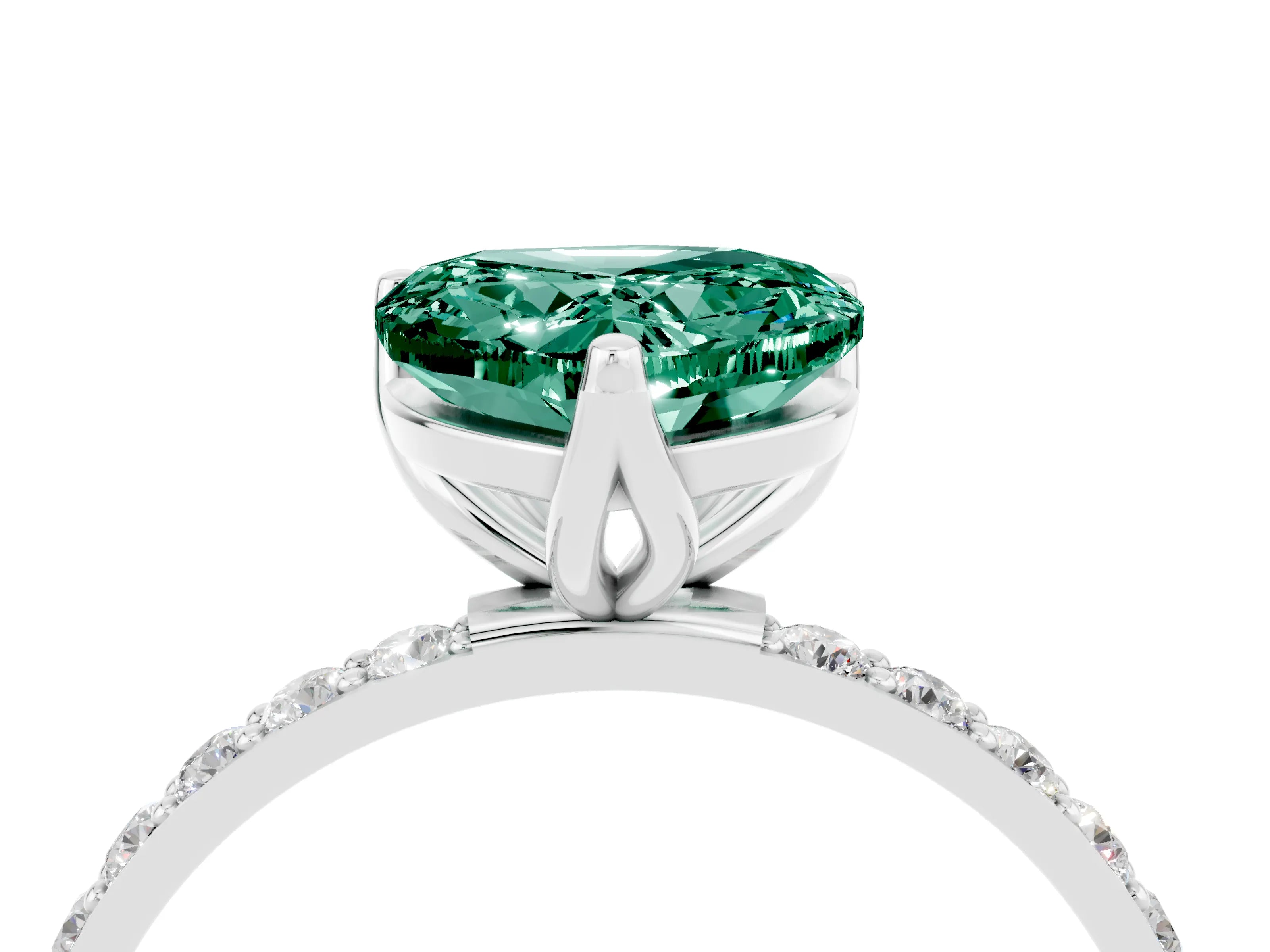 White gold Heart Cut Green Sapphire Solitaire Engagement Ring with Pavé Band and Prong Setting_4